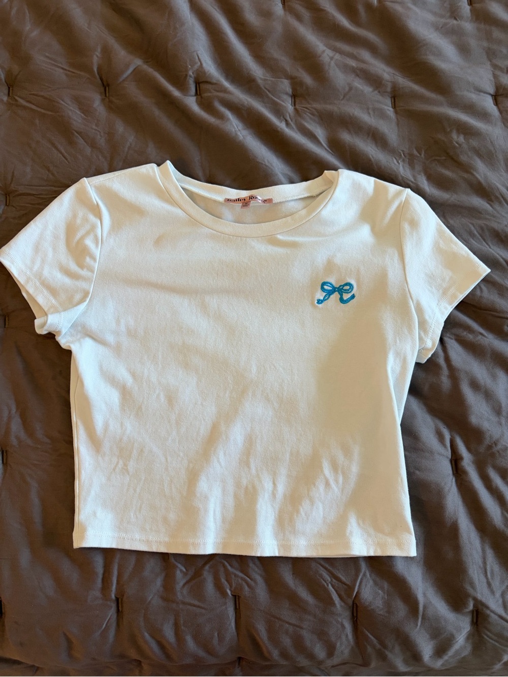 White Short Sleeve Crop Tee with Blue Bow Embroidery